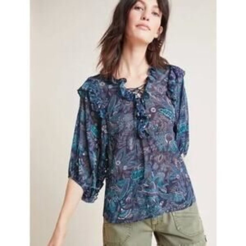 Anthropologie Haida Floral Peasant Top floral sheer blouse size XS Petite